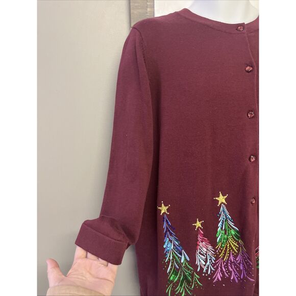 Quacker Factory Women’s Red Cardigan Sequins Tree Embroidered Long Sleeves Large - Picture 6 of 12